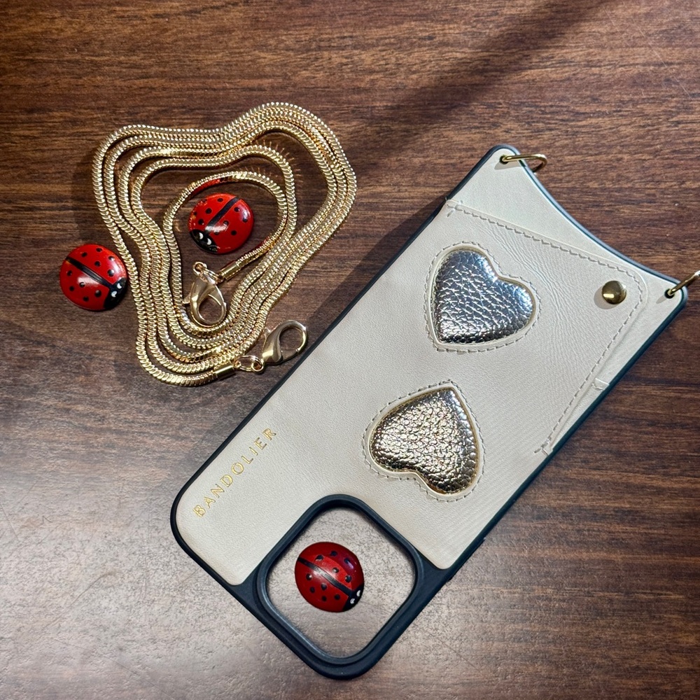 Bandolier Gia Ivory Metallic Hearts Crossbody Phone Case Wallet for 14 ProMax